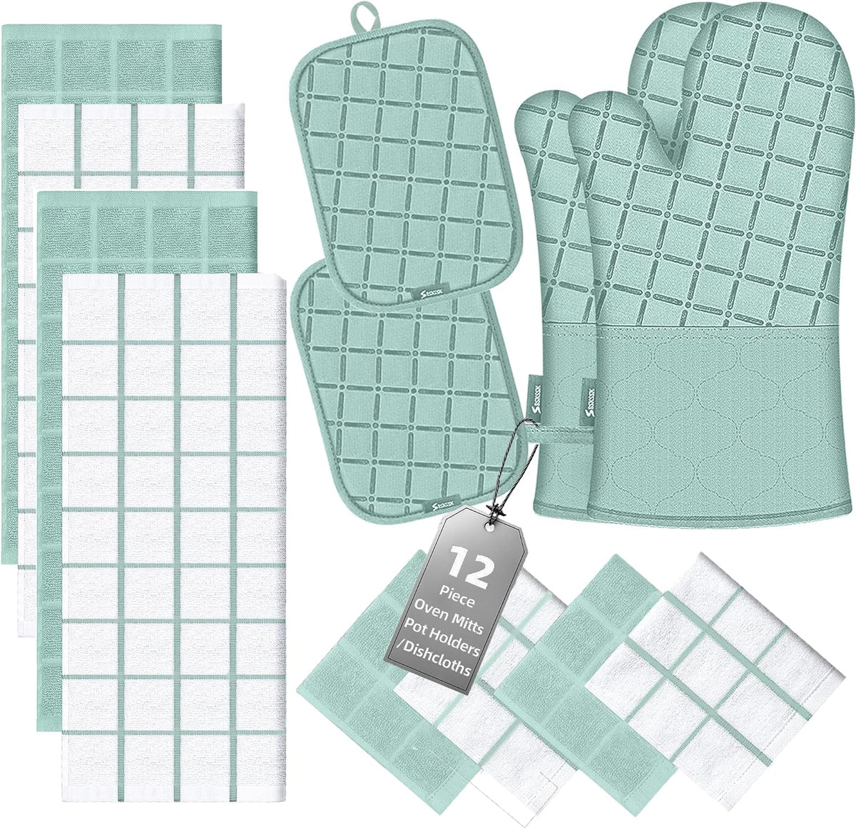 Oven Mitts Kitchen Towels and Dishcloths Pot Holders Sets, Oven Gloves Kitchen Dish Towels 500 Degree Heat Resistant Potholders with Non-Slip Silicone Surface for Cooking, Grilling, Baking-Gray