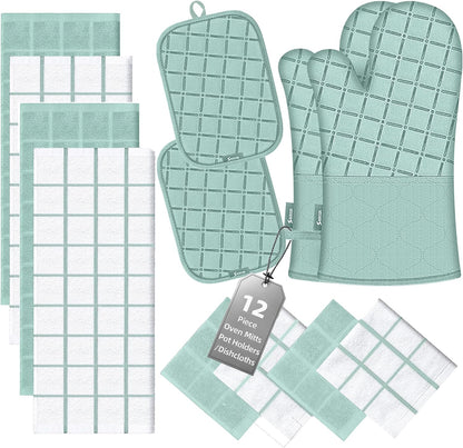 Oven Mitts Kitchen Towels and Dishcloths Pot Holders Sets, Oven Gloves Kitchen Dish Towels 500 Degree Heat Resistant Potholders with Non-Slip Silicone Surface for Cooking, Grilling, Baking-Gray