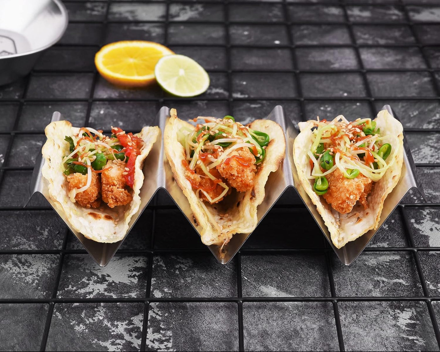 Taco Holders 4 Packs - Stainless Steel Taco Stand Rack Tray Style, Oven Safe for Baking, Dishwasher and Grill Safe