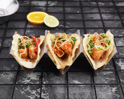 Taco Holders 4 Packs - Stainless Steel Taco Stand Rack Tray Style, Oven Safe for Baking, Dishwasher and Grill Safe