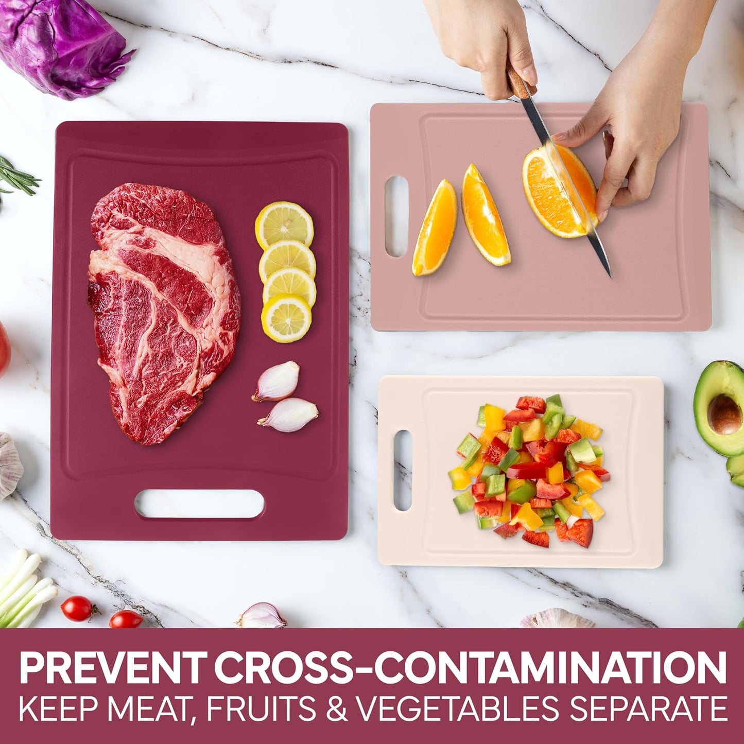 COOK WITH COLOR Non-Slip Cutting Board Set – Kitchen Essentials with Easy Grip Handle for Meat, Veggies, and Fruits, 3 Cutting Boards, Speckled White