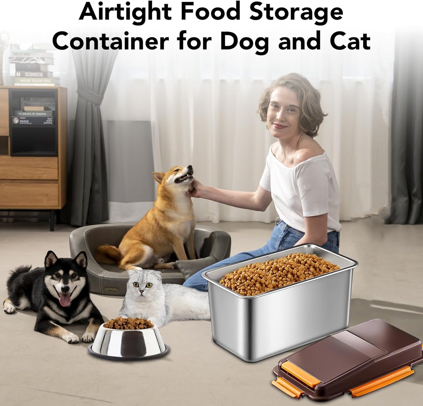 Newget Dog Food Storage Container Stainless Steel with Scoop, 16-lb/11-lb Airtight Metal Pet Food Storage Bin, Cat Food Container for Dry Dog, Cat Food, Bird Seed, Keep Food Fresh, Brown