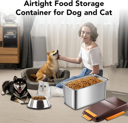 Newget Dog Food Storage Container Stainless Steel with Scoop, 16-lb/11-lb Airtight Metal Pet Food Storage Bin, Cat Food Container for Dry Dog, Cat Food, Bird Seed, Keep Food Fresh, Brown