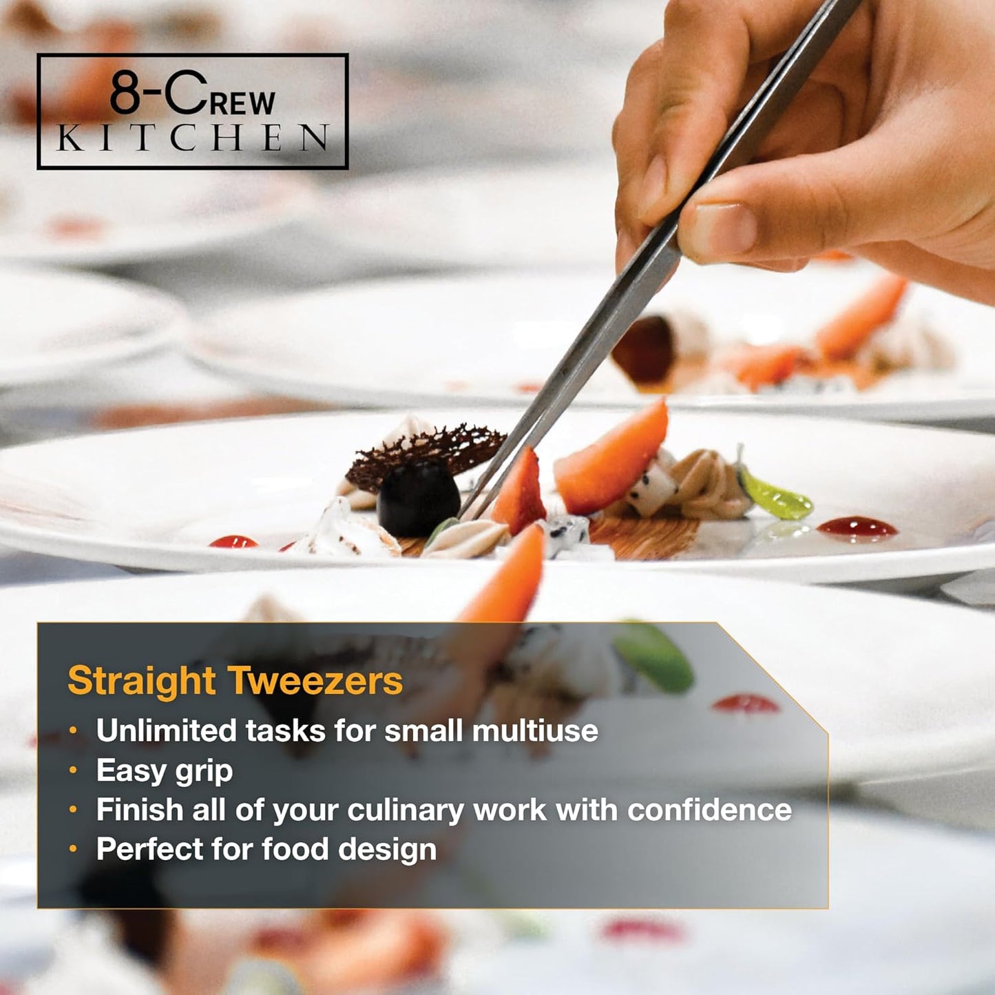 8-CREW KITCHEN Culinary Stainless Steel Tweezers, 8-inch Straight Tip Chef Precision Tongs for Plating, Decorating, Food Design, Bar and Multi-Purpose