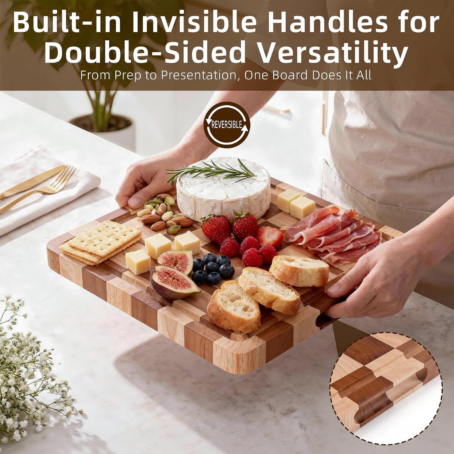 Checkered Cutting Board Set for Kitchen - 3 PCS Solid Wood End Grain Checkerboard Chopping Board with Holder & Juice Groove, Wooden Cutting Boards for Meat, Vegetables, Fruits (S, M, L)