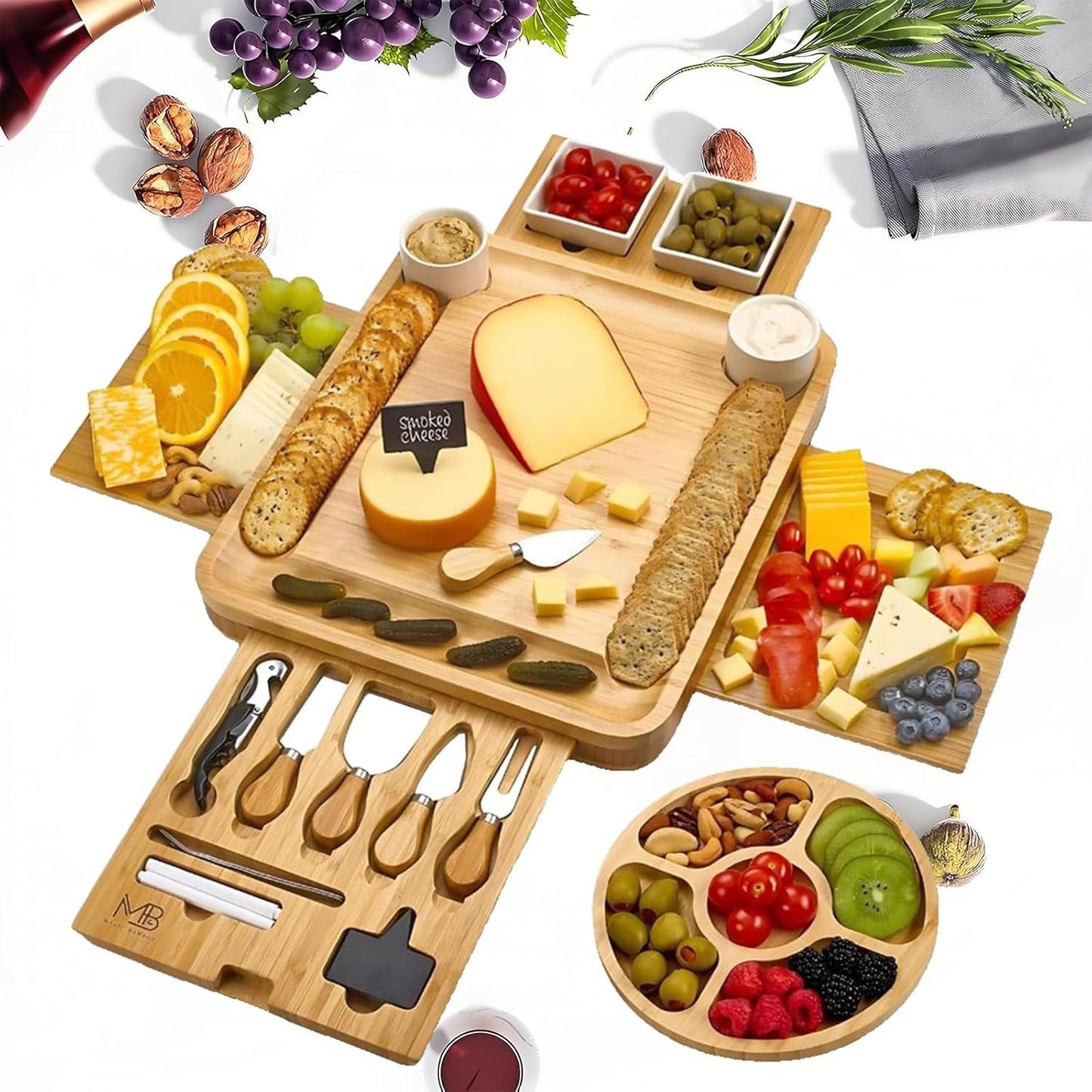 Large Bamboo Charcuterie Boards Gift Set with 4 Hidden Drawers, Cheese Knives, Ceramic Bowls & Plates, Recipe Book, Perfect House Warming Gifts New Home
