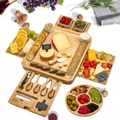 Large Bamboo Charcuterie Boards Gift Set with 4 Hidden Drawers, Cheese Knives, Ceramic Bowls & Plates, Recipe Book, Perfect House Warming Gifts New Home