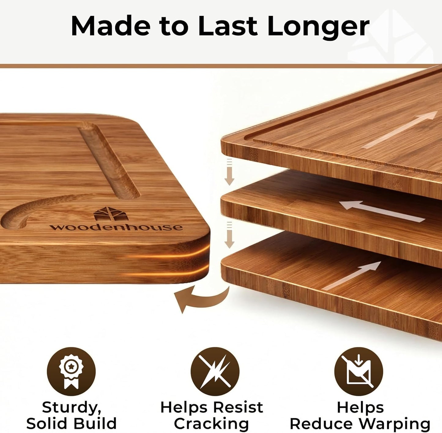Wood Cutting Board Set of 3 with Holder - Sturdy & Easy to Clean Bamboo Wooden Cutting Boards for Kitchen - 3 Sizes of Chopping Board with Juice Grooves for Meal Prep, Everyday Use, Housewarming Gift