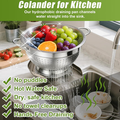Palksky Stainless Steel Colander Set with Self-Draining Base, 3 Sizes Colanders & Food Strainers for Pasta, Rice, Fruits & Veggies, Metal Colander with Draining Plate for Sink or Countertop