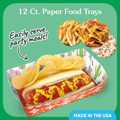 Big Dot of Happiness Fiesta Paper Food Trays, Disposable Food Boats for Mexican Themed Birthday or Cinco De Mayo, Double-Sided Paper Meal Holders for Nachos, Tacos, Snacks - 12 Ct