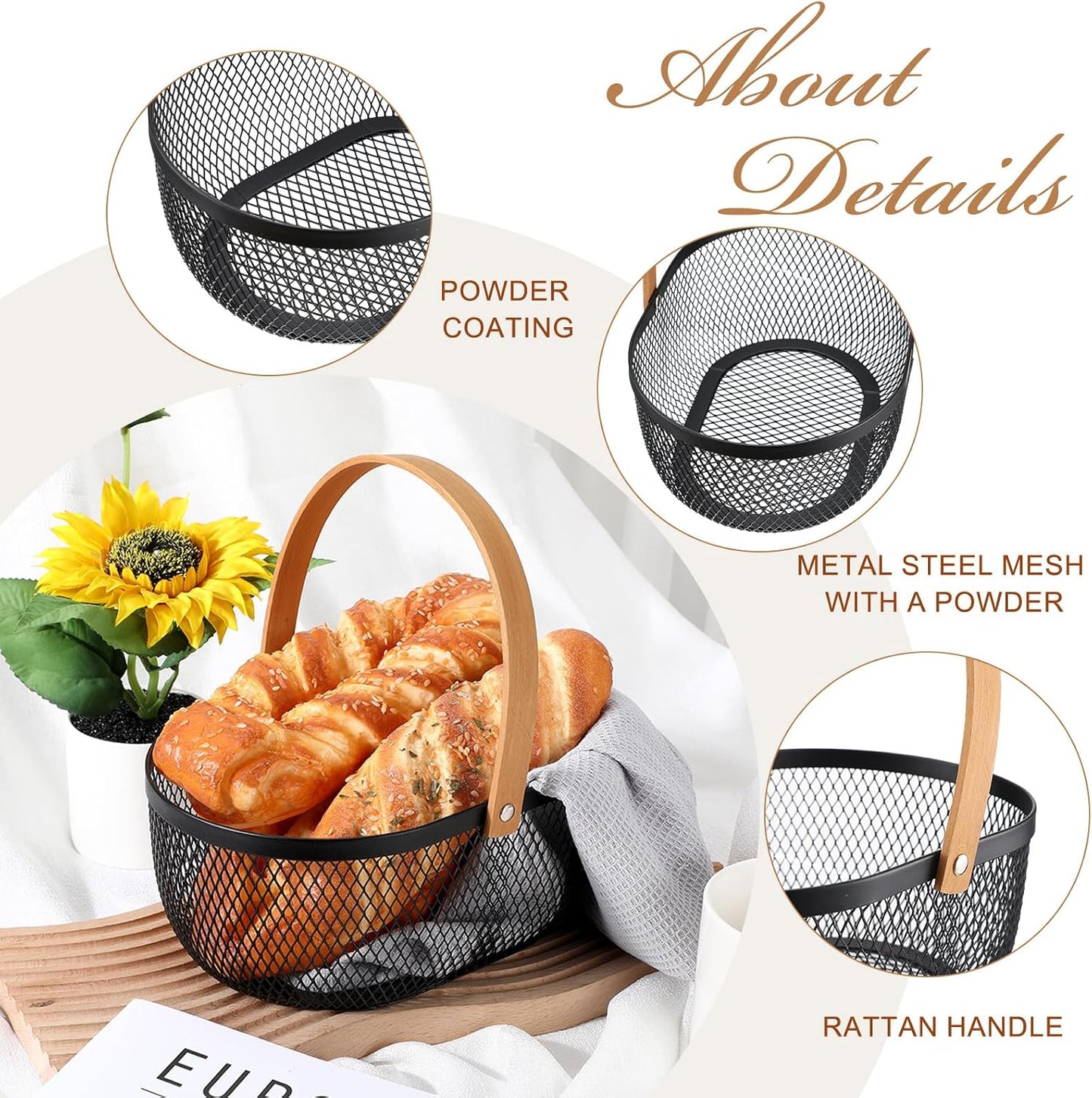 Maxcheck 4 Pcs Oval Metal Wire Storage Basket with Handle for Gathering Vegetables Multi Functional Mesh Basket for Kitchen Bathroom Picnic Home, 10.24 x 7.68 Inch(White)