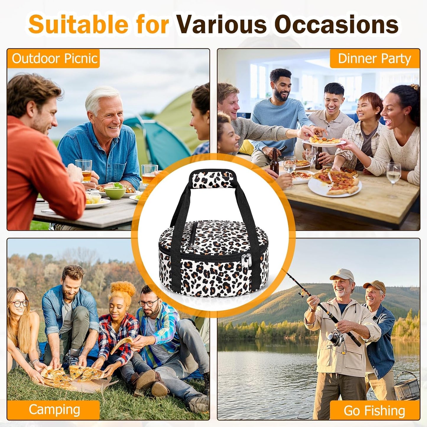 Round Insulated Casserole Carrier – 12" Portable Pie Carrier Bag for Hot or Cold Food, Leakproof Thermal Lunch Tote with Handle for Parties Picnic & Travel - Grey