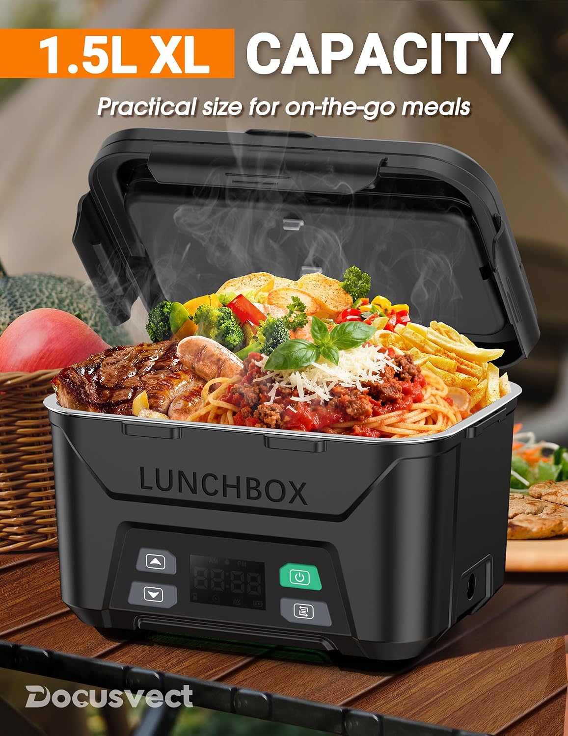 Docusvect Rechargeable Heated Lunch Box for Men, 1.3L Cordless Electric Lunch Box for Adults with Smart Scheduled Heating, Portable Food Warmer with Complete Accessories