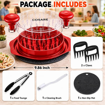 COSARE Chicken Shredder Tool Twist Large, Meat Shredder for Chicken Breast, Pork & Beef, BPA Free, Strong Anti-Slip Strip, Ergonomic Handle, Meat Claws, Tong, Brush & Mat - Red