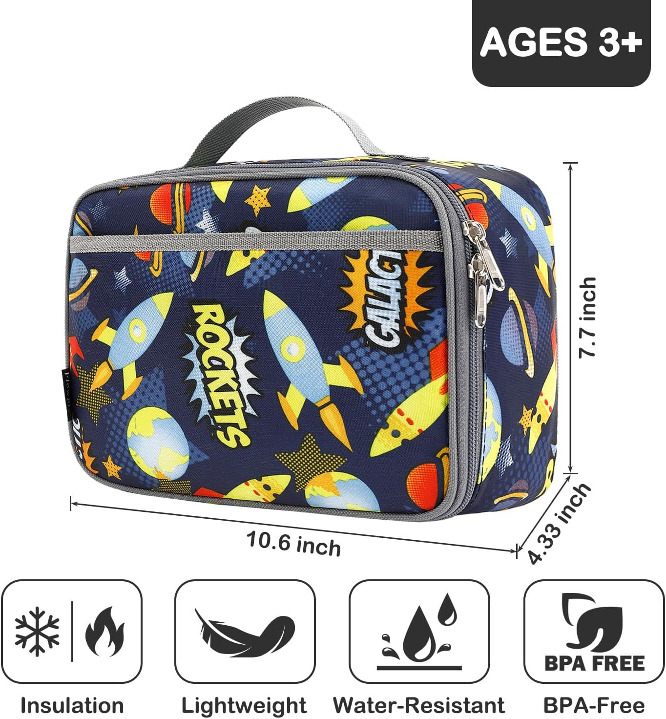 FlowFly Kids Lunch box Insulated Soft Bag Mini Cooler Back to School Thermal Meal Tote Kit for Girls, Boys, Black