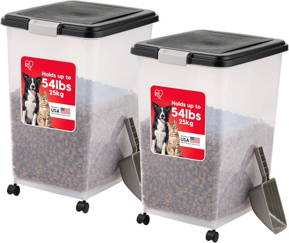 IRIS USA Dog Food Storage Container, 2 Pack, Up to 30 lbs Each, Airtight Seal for Freshness, Wheels for Rolling, Easy One Hand Opening, Made in USA, BPA Free, Clear/Black