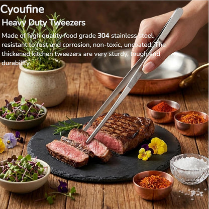 Heavy Duty 2 PC Kitchen Tweezers Tongs Metal 12 & 8 Inch Fine Tweezer Tongs, Extra-Long Stainless Steel Cooking Tweezers for Cooking, Repairing, Sea food and BBQ