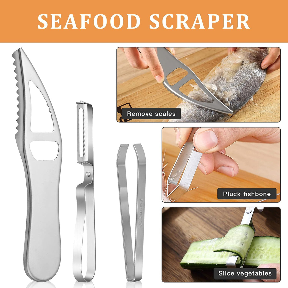 7 Pieces Fish Scale Remover, Hand Held Fish Scaler with Mitten and Tweezers
