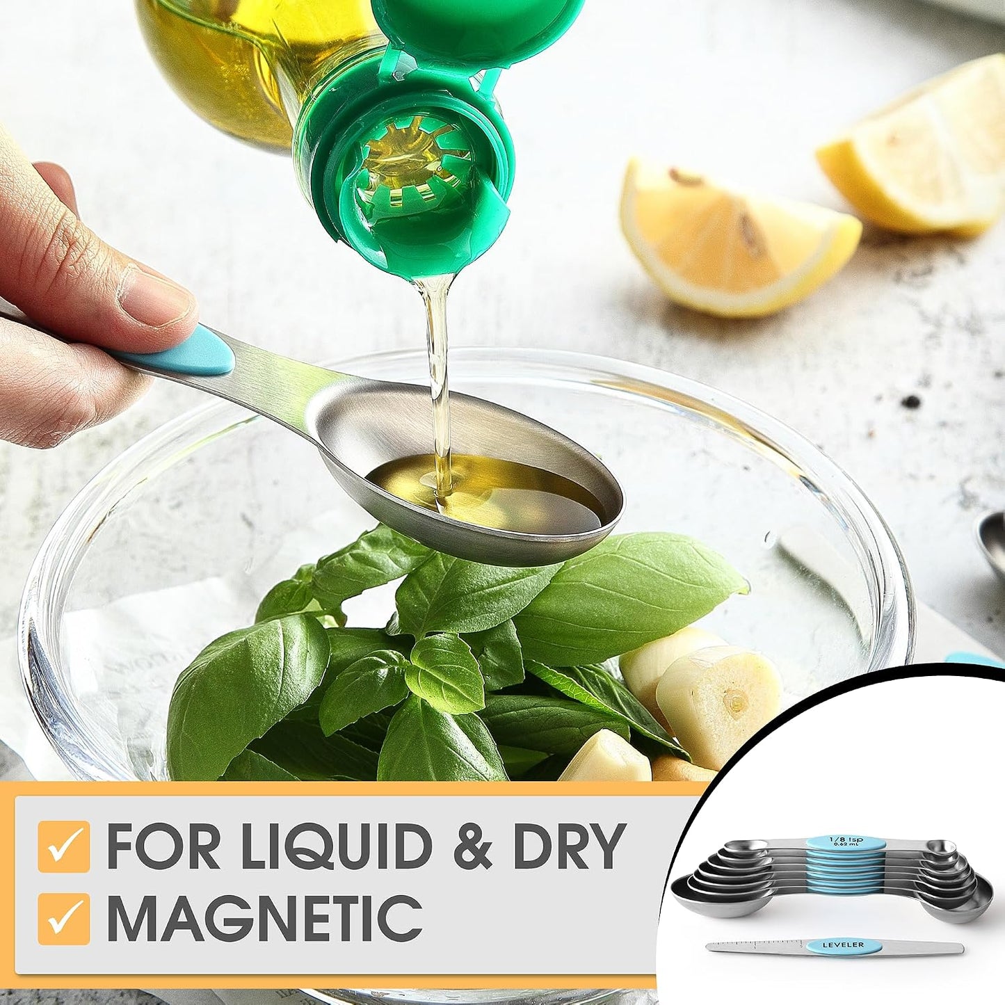 Spring Chef Stainless Steel Magnetic Measuring Spoons Set with Strong N45 Magnets, Heavy Duty Metal Kitchen Gadgets for Baking & Cooking, Fits in Most Kitchen Spice Jars, Set of 8 with Leveler, Black