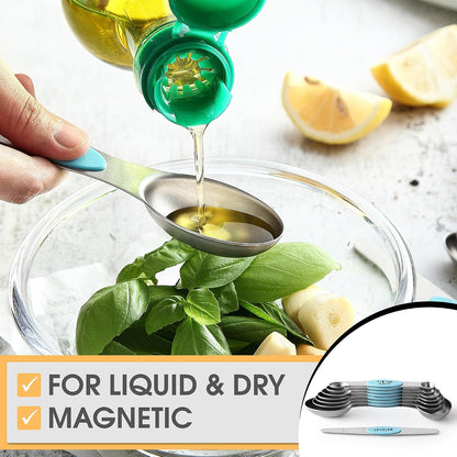 Spring Chef Stainless Steel Magnetic Measuring Spoons Set with Strong N45 Magnets, Heavy Duty Metal Kitchen Gadgets for Baking & Cooking, Fits in Most Kitchen Spice Jars, Set of 8 with Leveler, Black