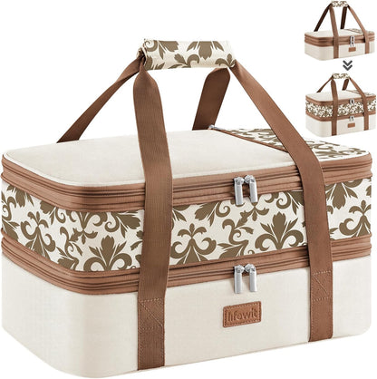 Lifewit Insulated Double Decker Casserole Carrier, Expandable Lasagna Lugger Tote Bag for Hot or Cold Food, Fits 9" x 13" Baking Dish for Potluck Parties, Picnic and Cookouts, Grey-Geometric