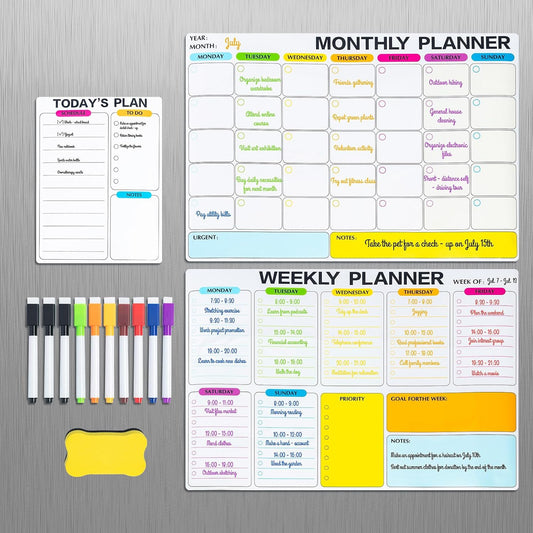 3 Pack Dry Erase Calendar for Fridge, 16.5 x 12 Monthly & Weekly & Daily Chore Chart, Planning Whiteboard with 10 Markers and Eraser, Use for Refrigerator Wall Door- Shopping, Meal/Menu, to Do List