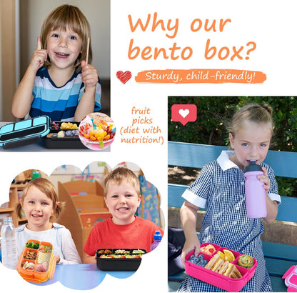 QQKO Bento Lunch Box for Kids Girls Boys, Toddler Kids Lunch Boxes for School, Lunch Containers for Adults with 4 Compartments, Sauce Container, Utensils, Food Picks and Muffin Cups, Purple