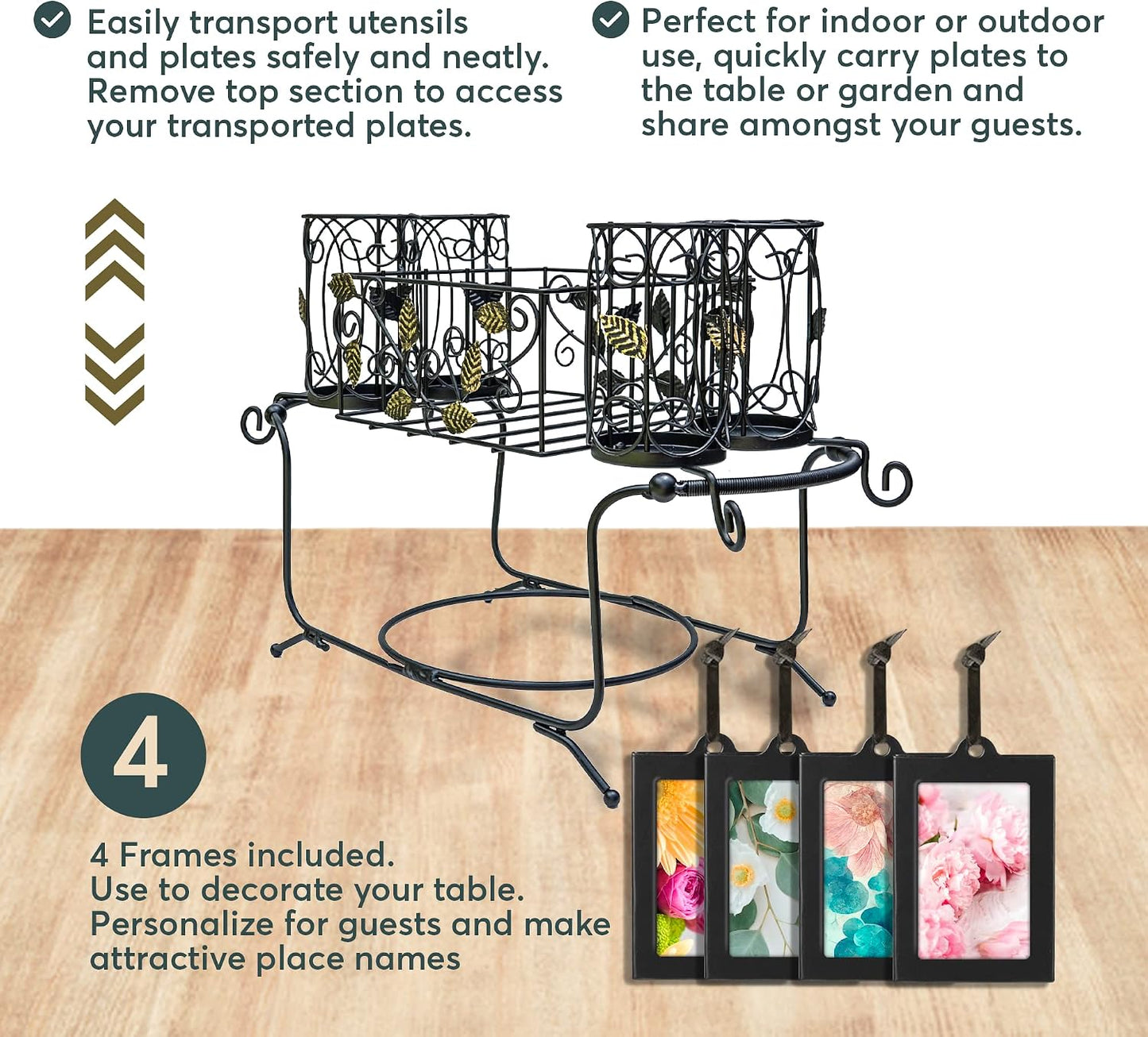 Portable Utensil Caddy for Parties, Elegant Leaf Design Buffet & Silverware Organizer with Napkin Holder, Stainless Steel Plate Storage Caddy for Camping, BBQ & Outdoor Dining