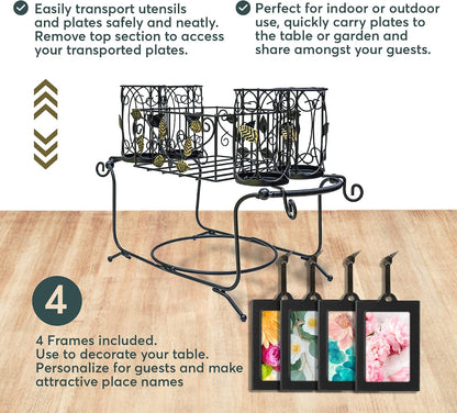 Portable Utensil Caddy for Parties, Elegant Leaf Design Buffet & Silverware Organizer with Napkin Holder, Stainless Steel Plate Storage Caddy for Camping, BBQ & Outdoor Dining
