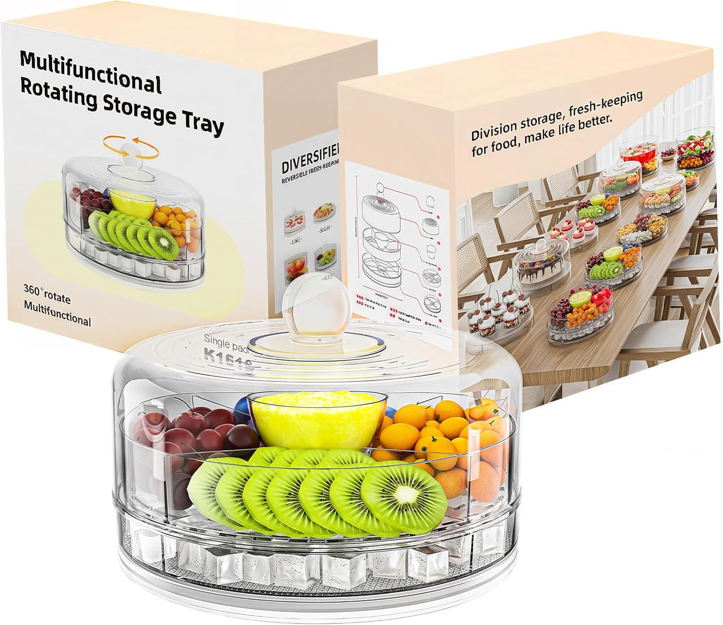 Compact Multifunc Chilled Serving Tray with Clear Rotating Lid,9 Inch Fruit Platter Tray for Parties and Small Cake Stand with Ice Storage Four Compartment Platter for Veggie Sushi Snacks Cupcakes