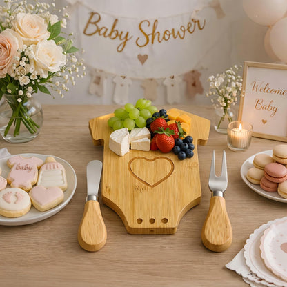 6 Sets Mini Wooden Cheese Board, Baby Shower Favors for Guests, Baby Shower Prizes for Game Winners, Baby Bodysuit-Shaped Bamboo Charcuterie Board Gift Set with Spreader Knife, Fork & Organza Bag