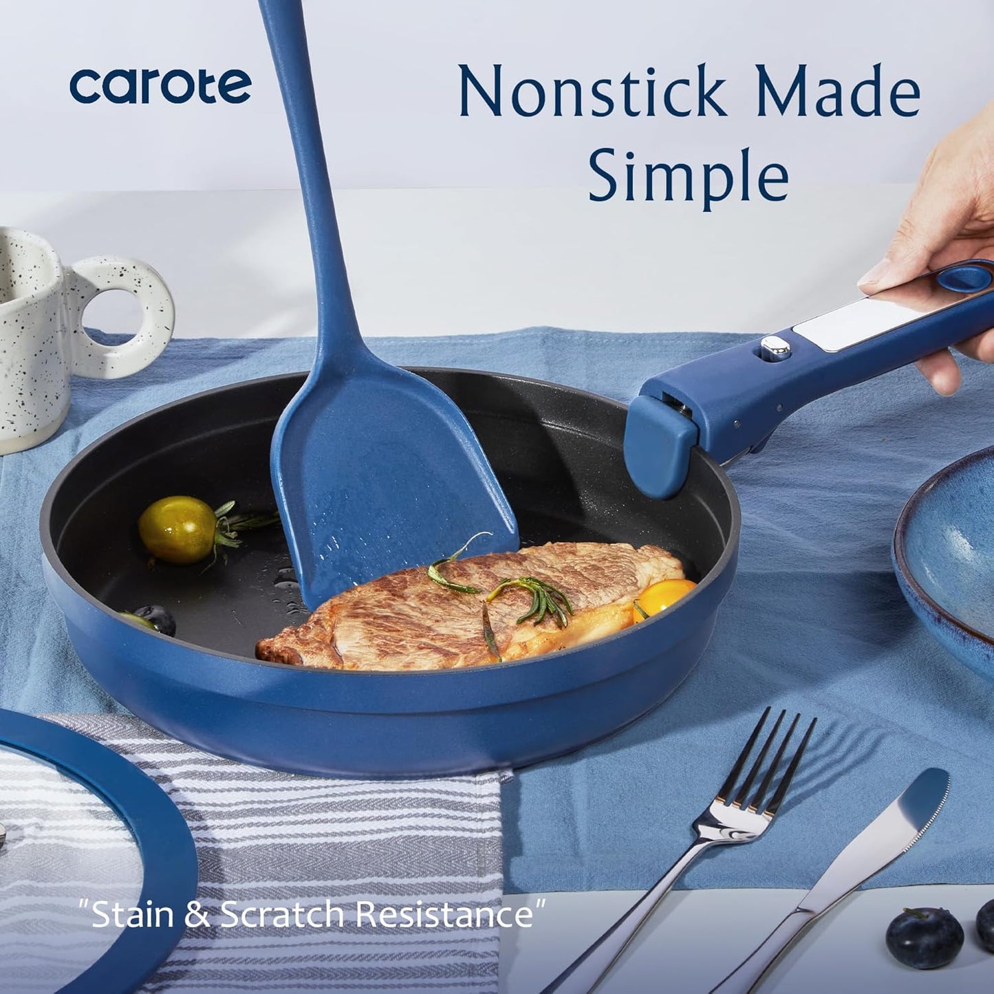 CAROTE 10-Piece Pots and Pans Set, Nonstick Cookware Set Detachable Handle, Frying Pan with Splatter Screen, Oven Safe, Induction Ready, Stackable, Blue