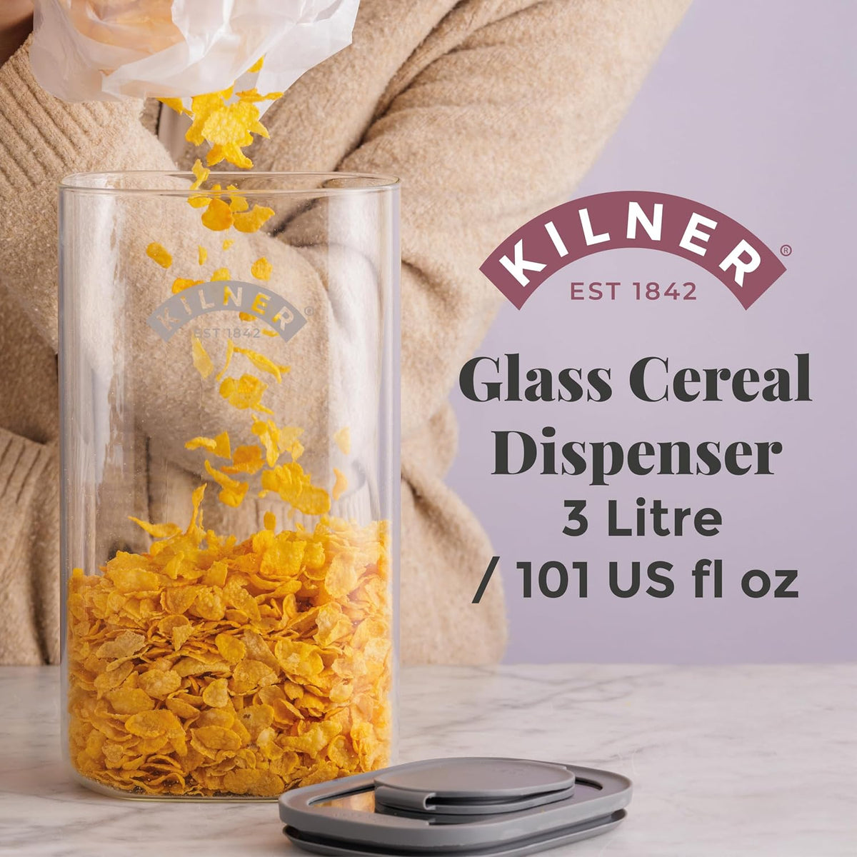 Kilner 3 Litre Glass Cereal Dispenser | Storage Jar with Airtight Glass & Silicone Lid | Easy-Pour Spout for Mess-Free Serving | Food Dispenser for Cornflakes, Beans, Granola and Pet Food