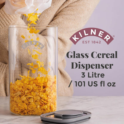 Kilner 3 Litre Glass Cereal Dispenser | Storage Jar with Airtight Glass & Silicone Lid | Easy-Pour Spout for Mess-Free Serving | Food Dispenser for Cornflakes, Beans, Granola and Pet Food