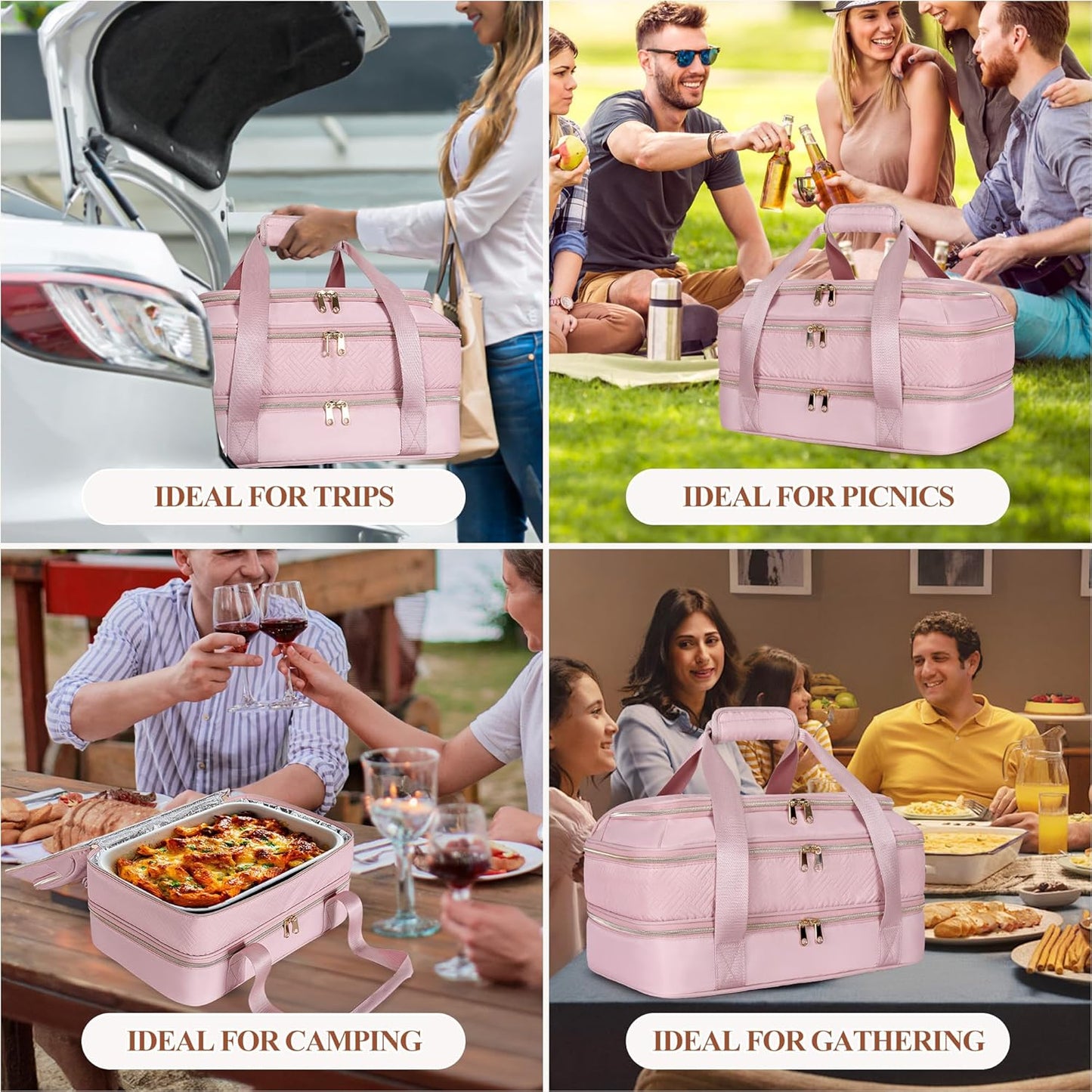 Insulated Casserole Carrier for Hot or Cold Food, Thermal Lasagna Lugger Tote to Keep Food Warm, Double Decker Food Warmer Bag Fits 9”x13” Baking Dish, Pink