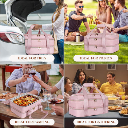 Insulated Casserole Carrier for Hot or Cold Food, Thermal Lasagna Lugger Tote to Keep Food Warm, Double Decker Food Warmer Bag Fits 9”x13” Baking Dish, Pink