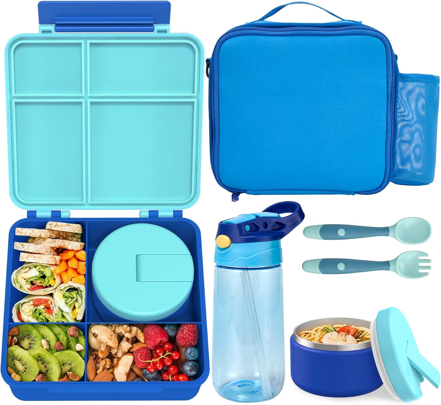 Kids Bento Lunch Box with 8oz Soup Thermo, Water Bottle, Kids Leakproof Lunch Food Containers with 4 Compartment, Insulated Hot Food Jar with Lunch Bag for School, Trvael (Black)