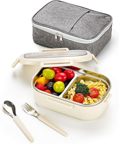 Lille Home 28oz Stainless Steel Leakproof 2-Compartment Bento Lunch Box/Portion Control Food Container with Lunch Bag and Cutlery Set, BPA Free (pink)