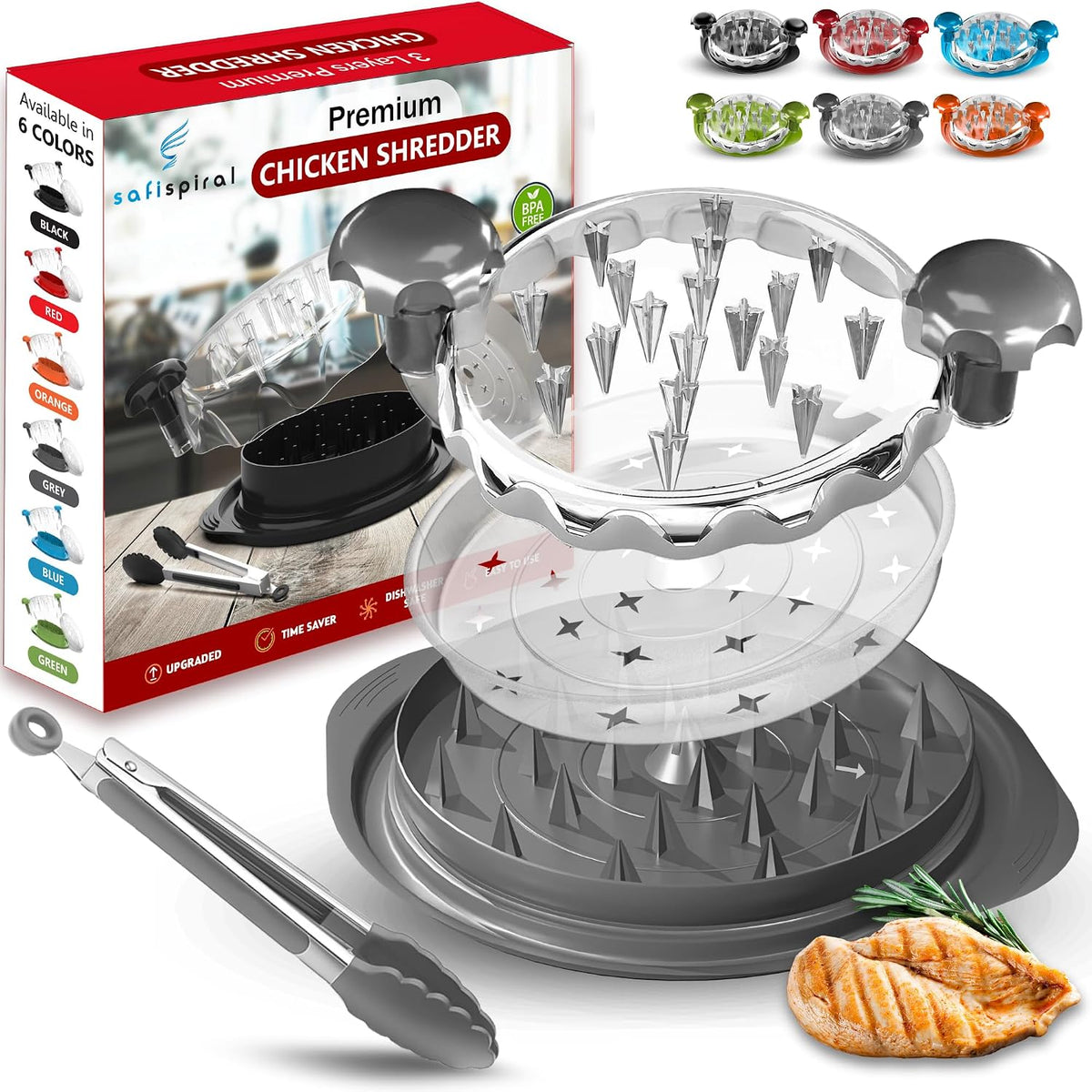 Chicken Shredder Tool Twist Large – 10.2 Inch Non Slip Meat Shredder with Removable Tray- BPA Free, Dishwasher Safe, Heat Resistant Chicken Breast Shredder with Handle & Serving Tong