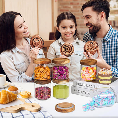 6 pc Glass Spice jars Glass Jars with Screw Lid 5 oz Acacia Wood Glass Herb Sugar Coffee Bean Ground Container Food Storage Canister for Candy Pantry Tea Seasoning Meal Prep Snack (6*150ml(5oz))