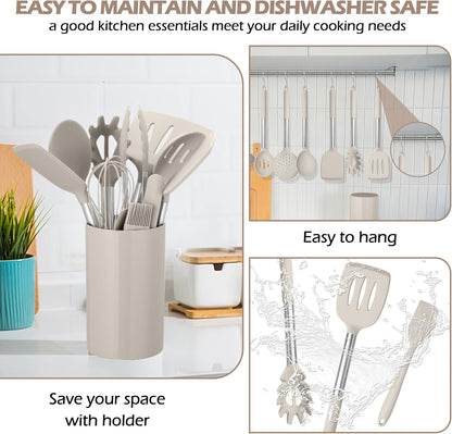 HaWare 29 PCS Silicone Cooking Utensils Set, Heat Resistant Kitchen Utensils Set with Stainless Steel Handle, Spatula Sets with Holder and Hooks, Kitchen Tools Gadgets for Nonstick Cookware -Khaki