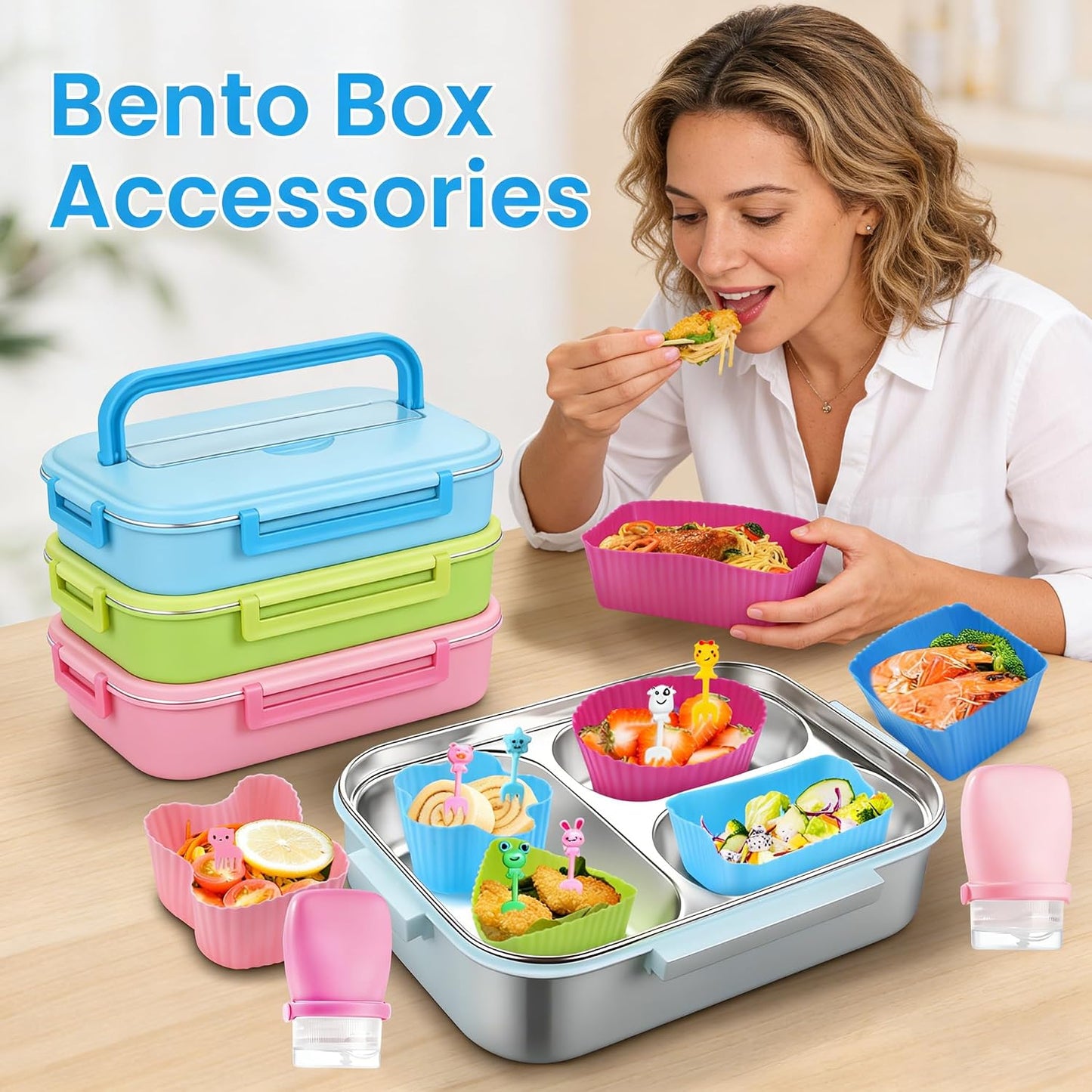 66 Pcs Bento Box Accessories Set with 1 oz Mini Condiment Squeeze Bottles, Silicone Lunch Box Dividers Cups and Animal Food Picks, Lunch Packing Supplies, Small Ketchup Bottle Containers for Meal Prep