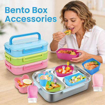 66 Pcs Bento Box Accessories Set with 1 oz Mini Condiment Squeeze Bottles, Silicone Lunch Box Dividers Cups and Animal Food Picks, Lunch Packing Supplies, Small Ketchup Bottle Containers for Meal Prep