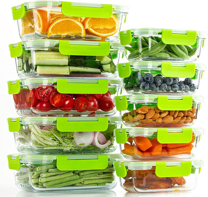 UMEIED 10 Pack Glass Food Storage Containers with Lids, Leakproof Airtight Glass Meal Prep Containers For Lunch, On The Go, Leftover, Dishwasher Safe
