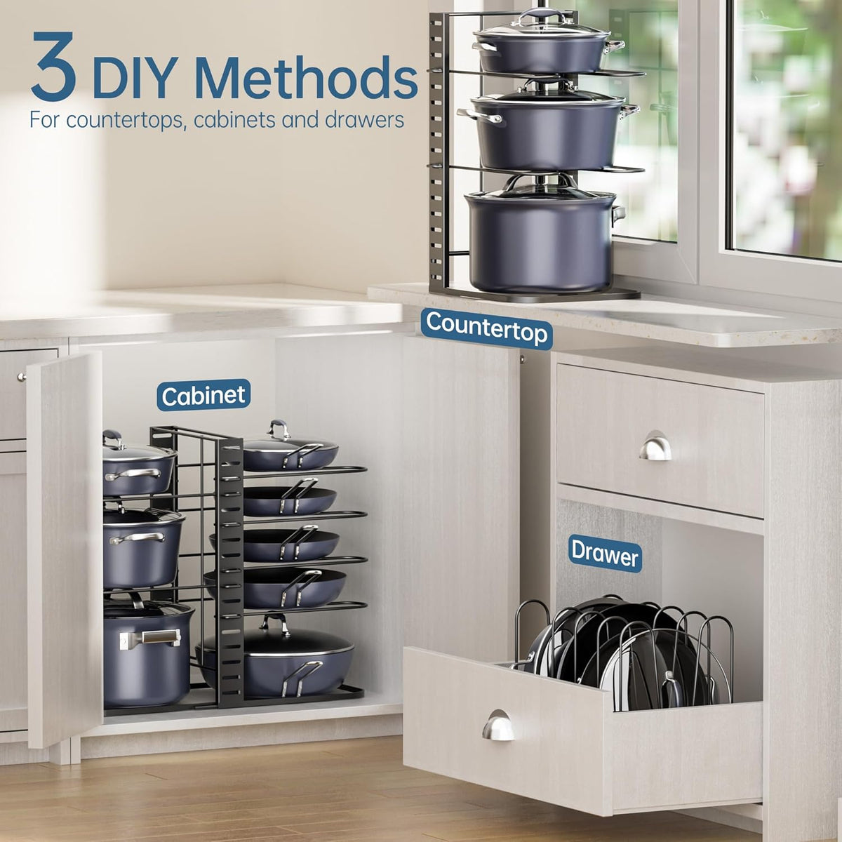 ORDORA Pots and Pans Organizer Under Cabinet 16.6", 8-Tier Adjustable Rack