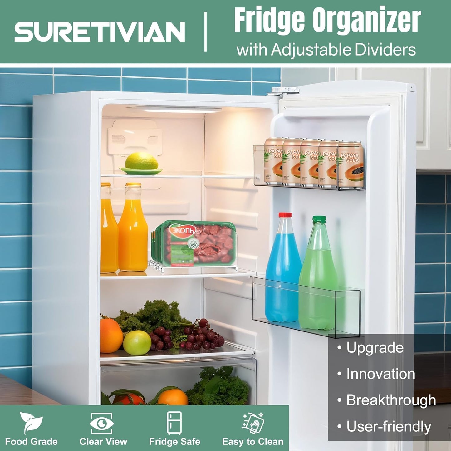 SURETIVIAN Freezer Organizer 12” Visible Fridge Organizer Rack with Removable Dividers and Handles, Freely Adjustable, Fits Refrigerator Frozen Meals, Lunch Meat Box, Cheeses (Mint Green)