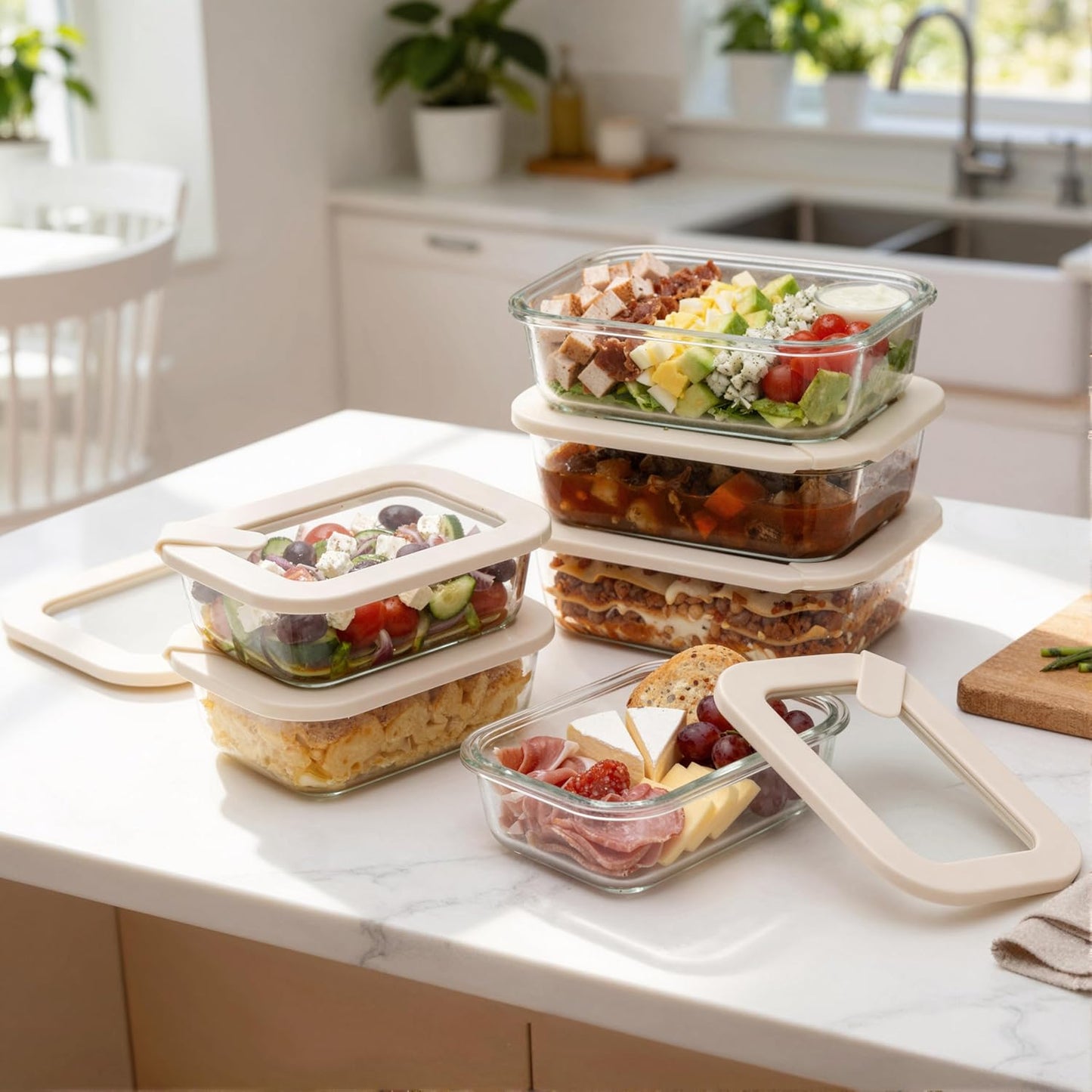 Urban Green Glass Food Storage Containers with Glass Lids, Microwave Safe Food Container Set, Airtight Food Container Set, LeakProof, 100% Plastic Free, White Color, 4pack