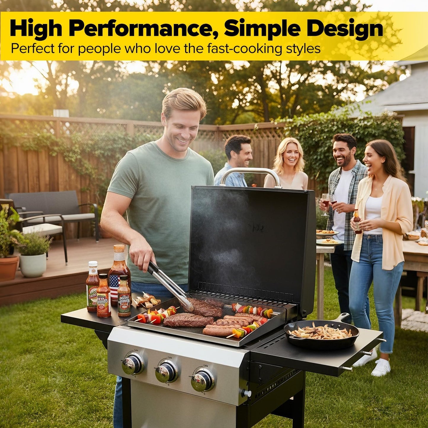 CIG GARDEN 3-Burner Gas Grill & Griddle Combo, 2-in-1 Propane BBQ with Stainless Steel Griddle, Cast Iron Grates & Lid - 30,000 BTU Flat Top for Patio, Backyard, Camping