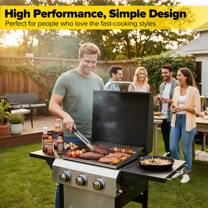 CIG GARDEN 3-Burner Gas Grill & Griddle Combo, 2-in-1 Propane BBQ with Stainless Steel Griddle, Cast Iron Grates & Lid - 30,000 BTU Flat Top for Patio, Backyard, Camping