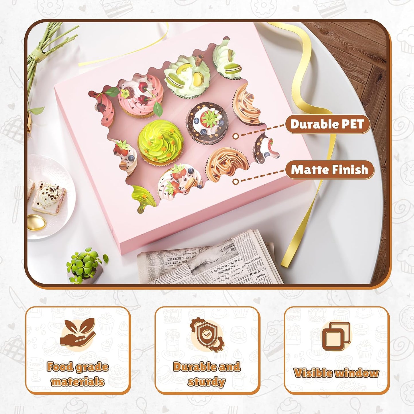 RYDDOY 4 Pack Cupcake Boxes, Hold 12 Standard Cupcakes, Cupcake Containers with Window and Inserts, High Grade Cupcake Holder, for Birthday Holiday Party, Supplies for Cupcakes, Desserts and More